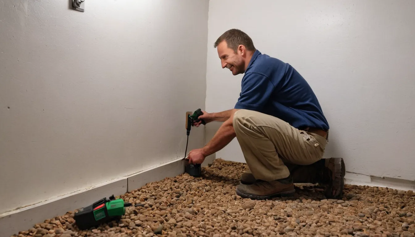 A friendly pest provider inspecting a basement sill plate for termite damage in a Kansas City home